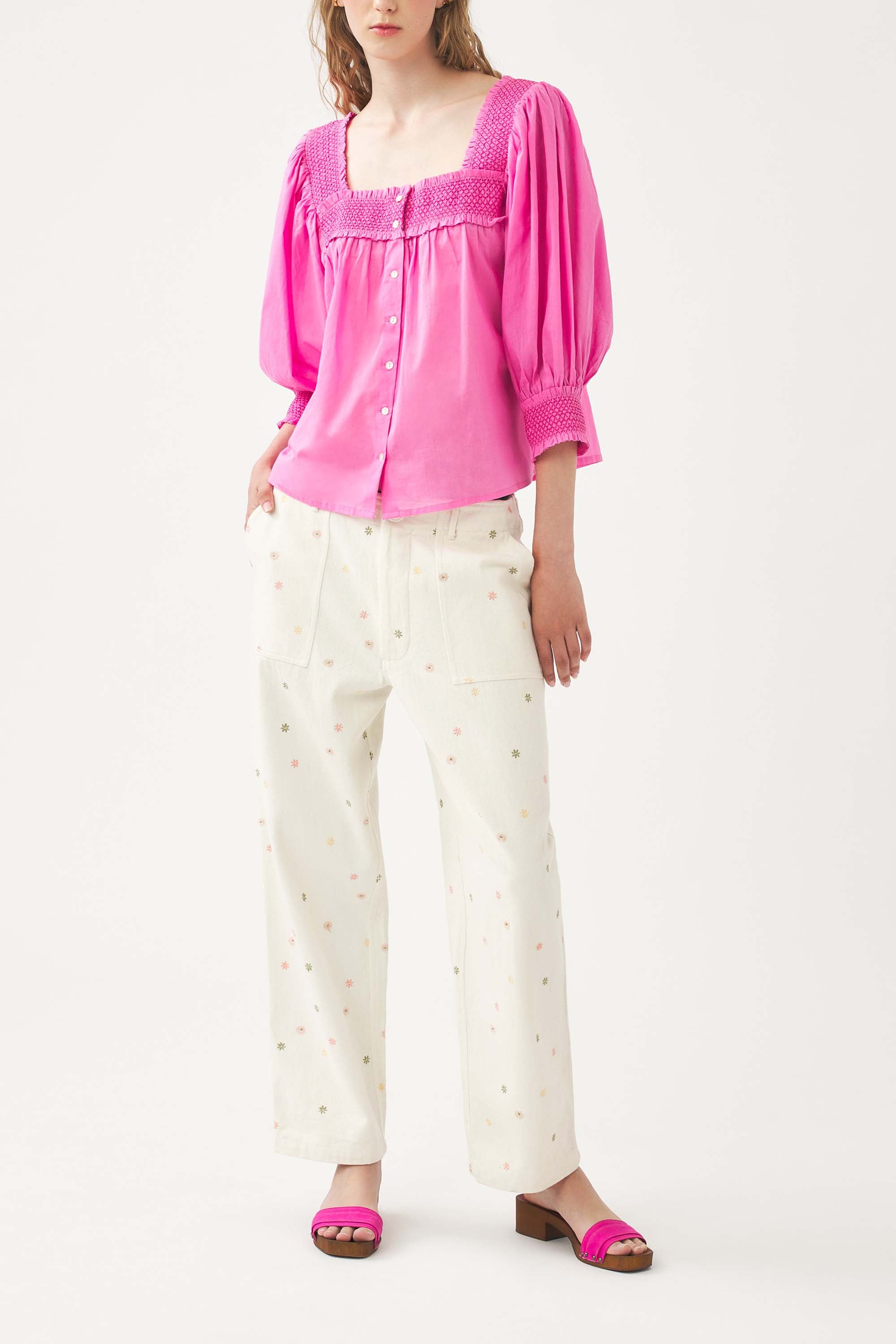 Squared-collar and smocked blouse Perrine