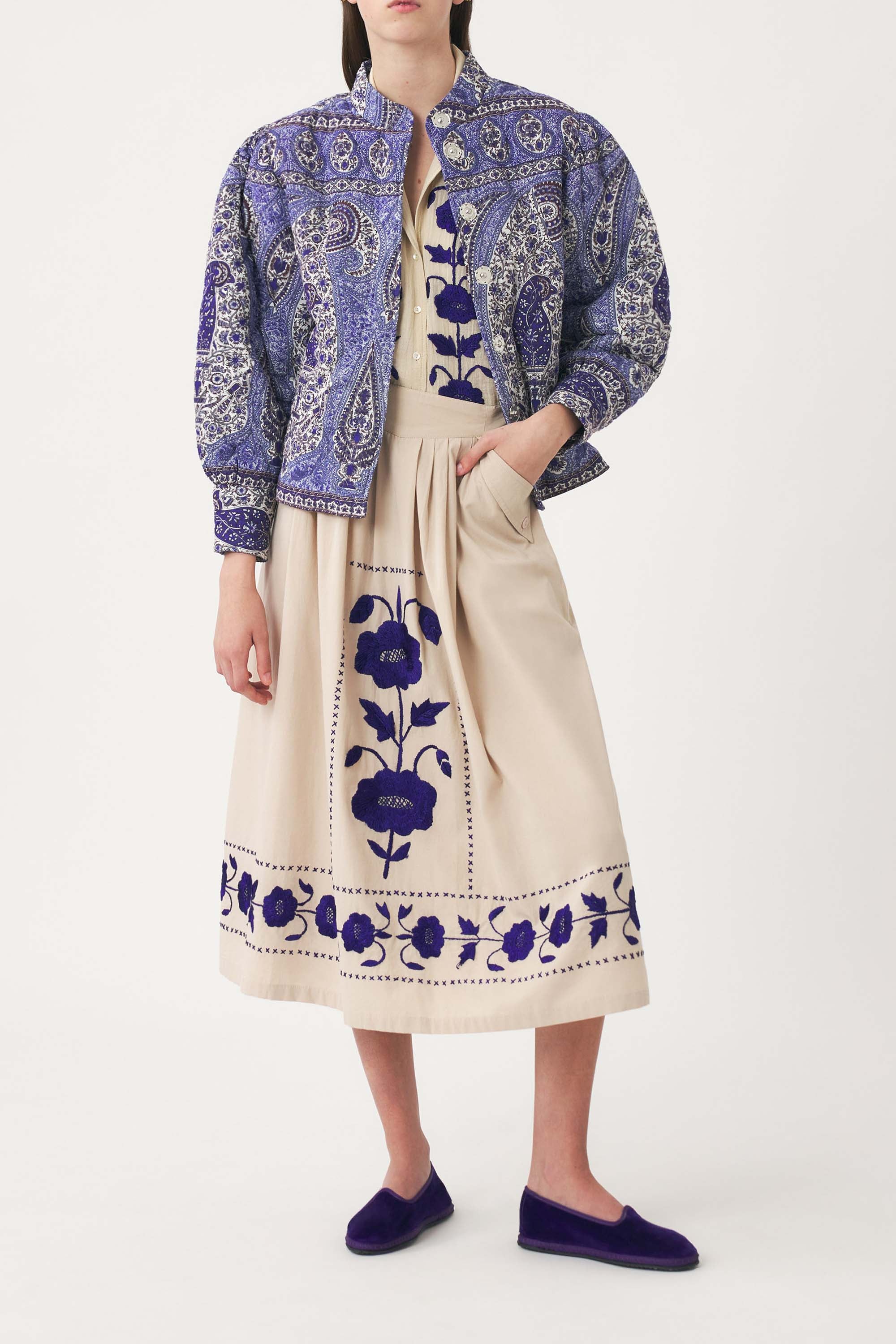 Blue quilted jacket with paisley design print | Print jacket