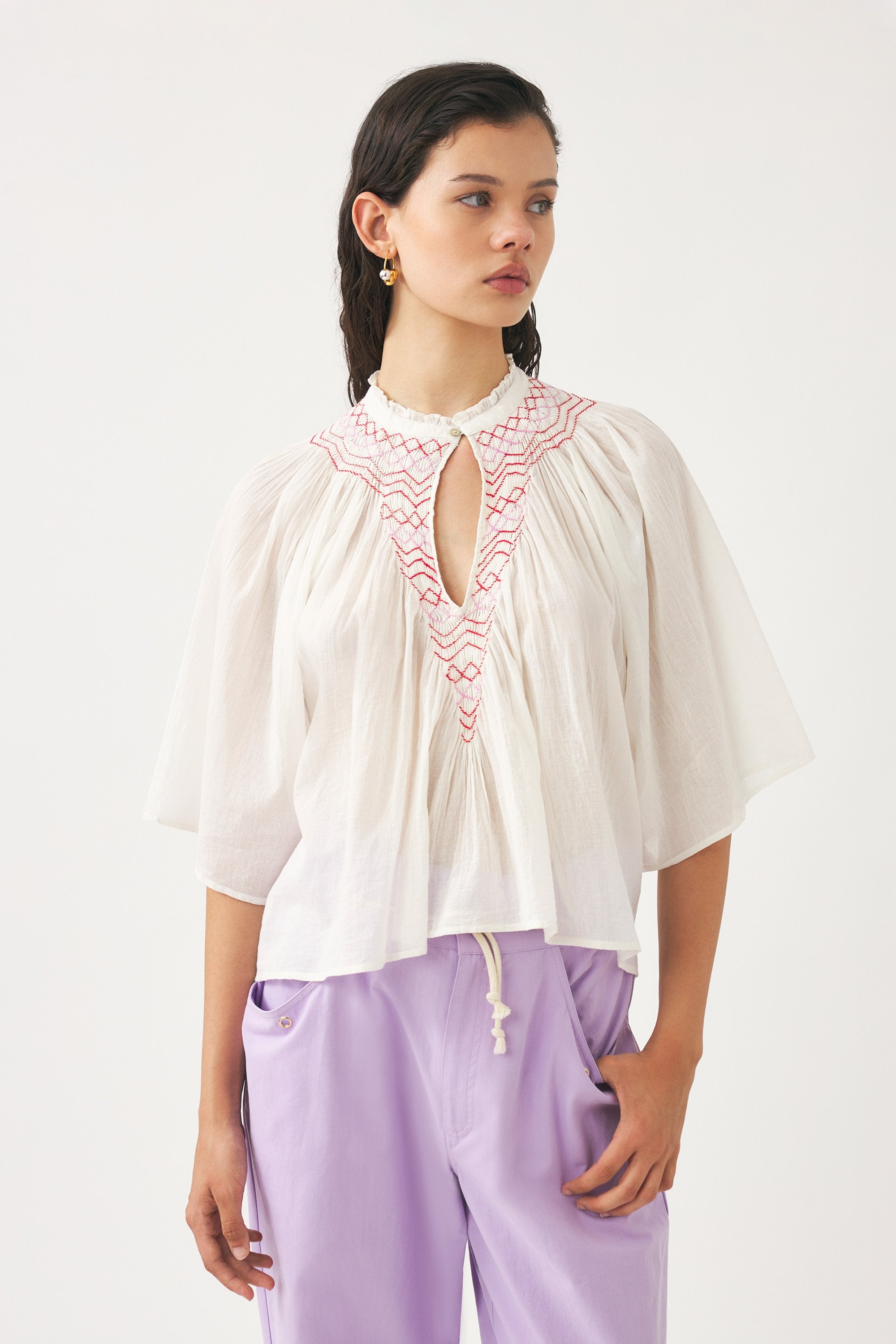 Cotton voile hand-embroidered blouse Ayo