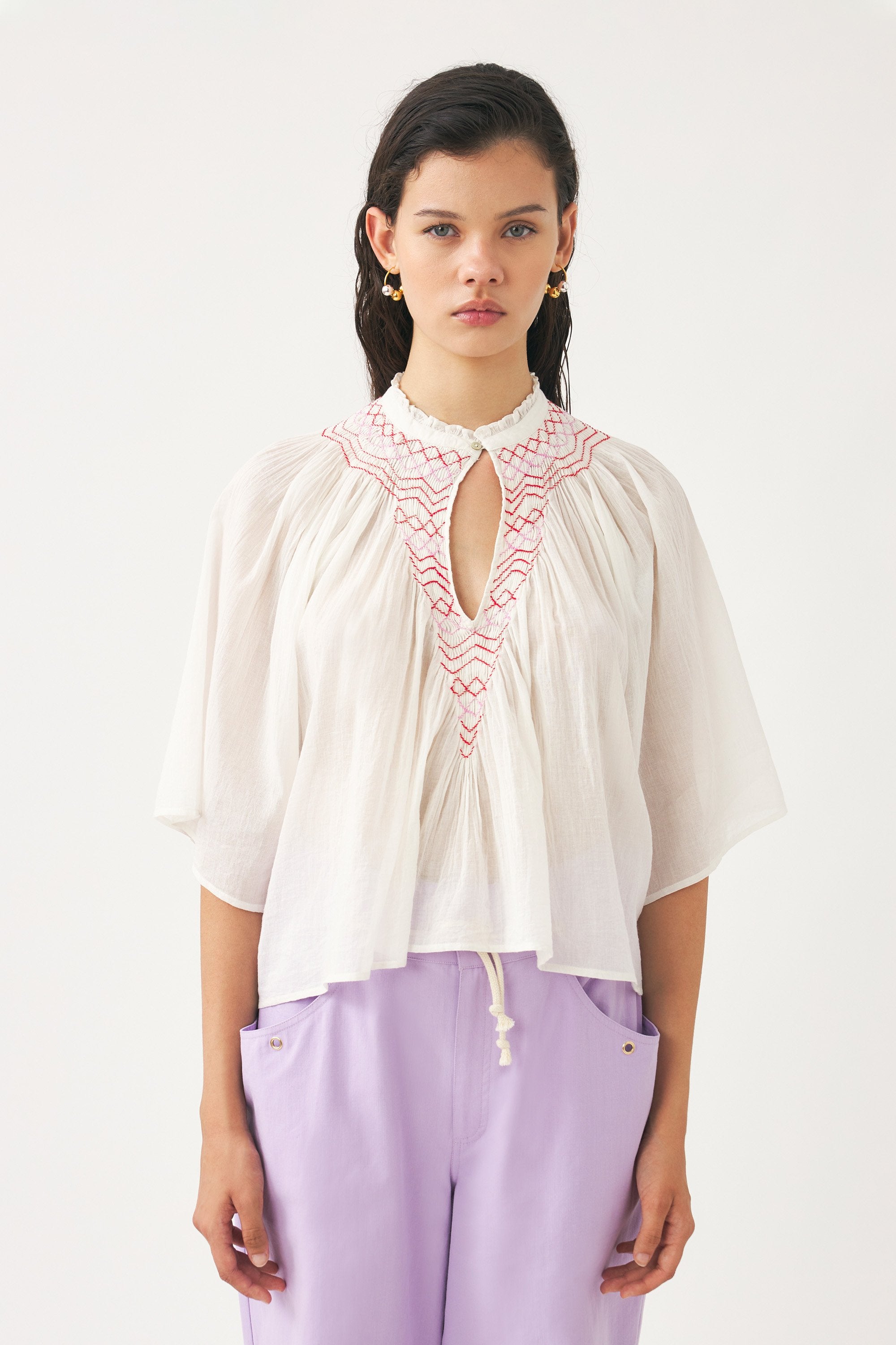Cotton voile hand-embroidered blouse Ayo
