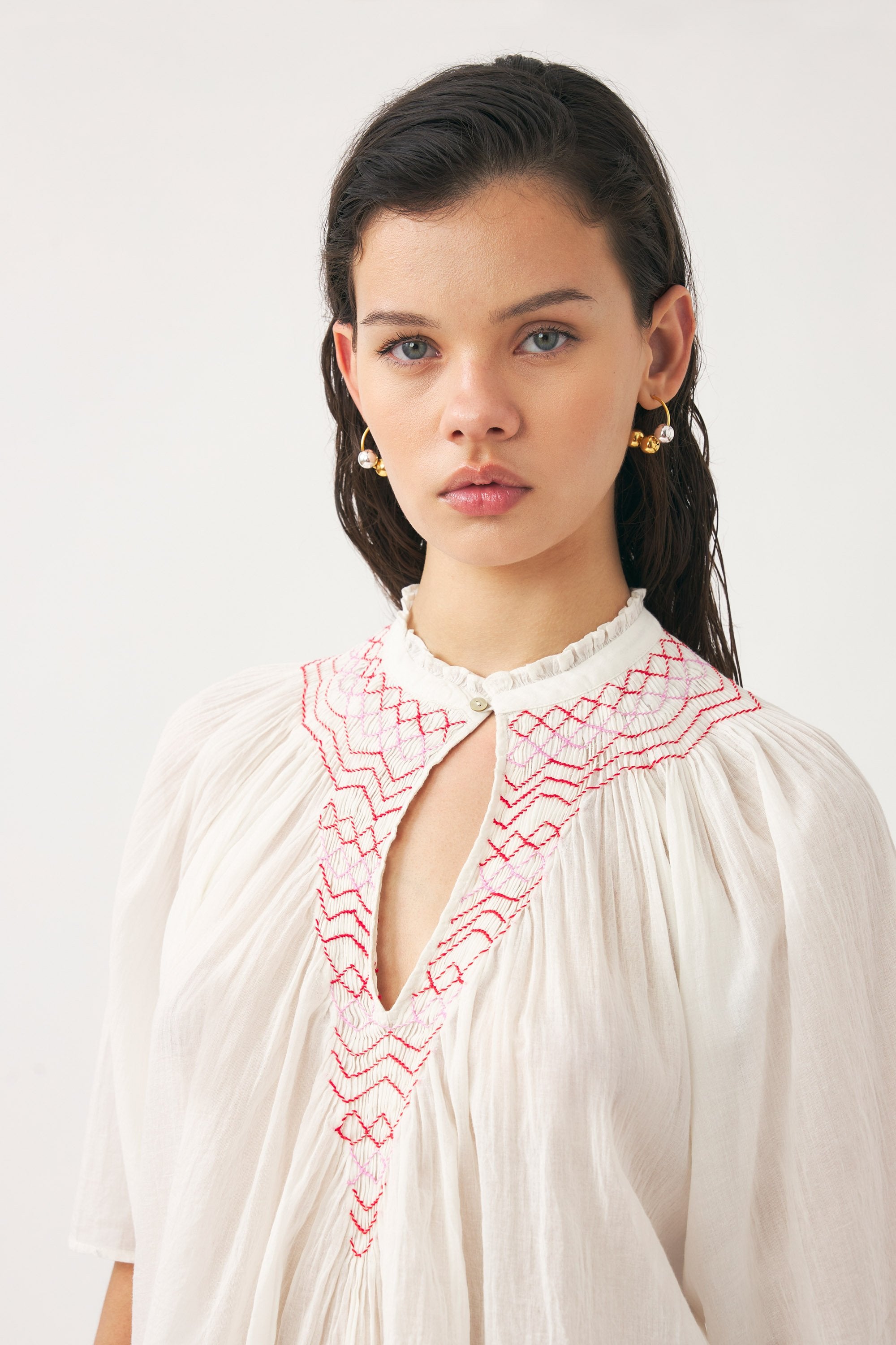 Cotton voile hand-embroidered blouse Ayo