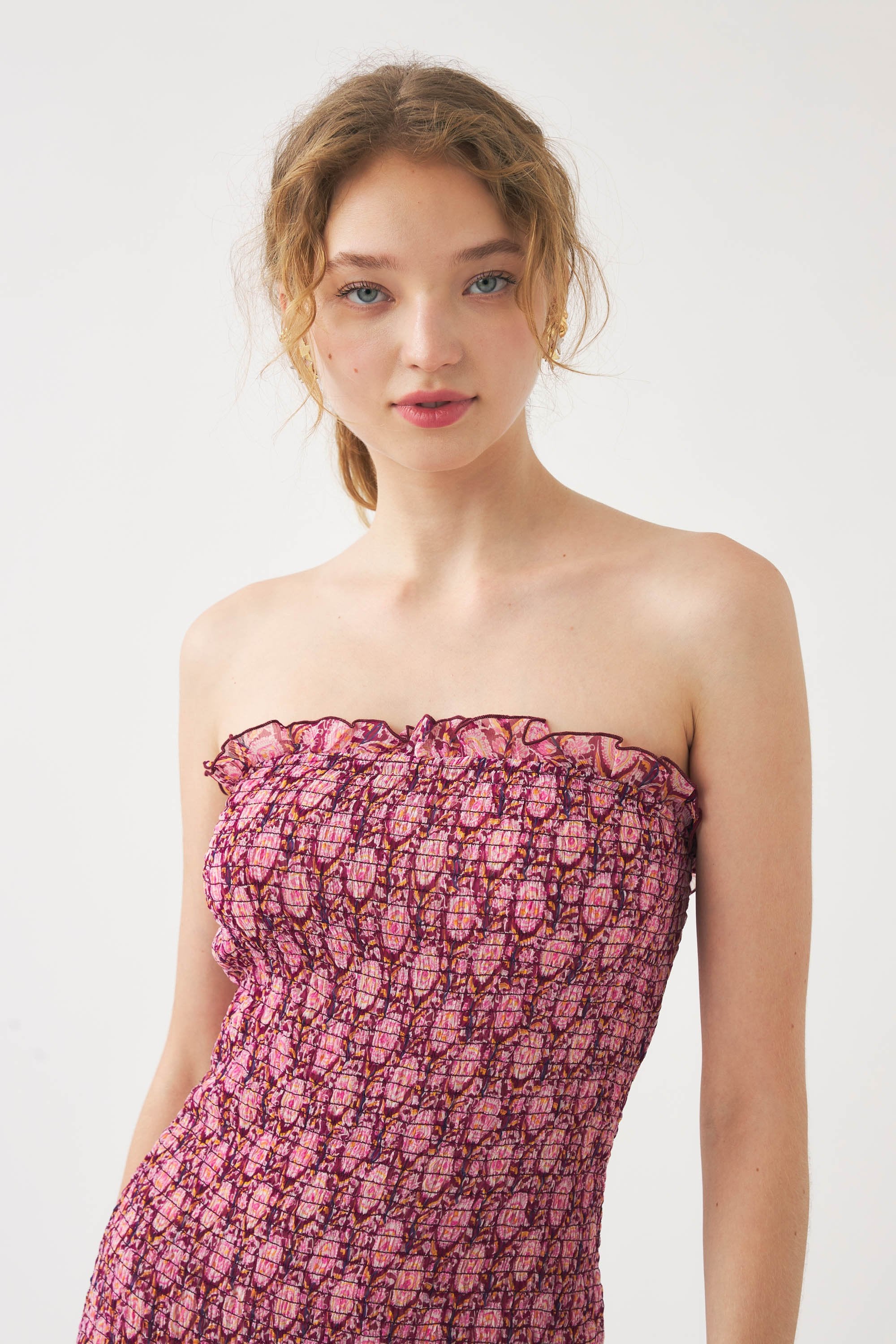 Smocked chiffon strapless dress Cassy