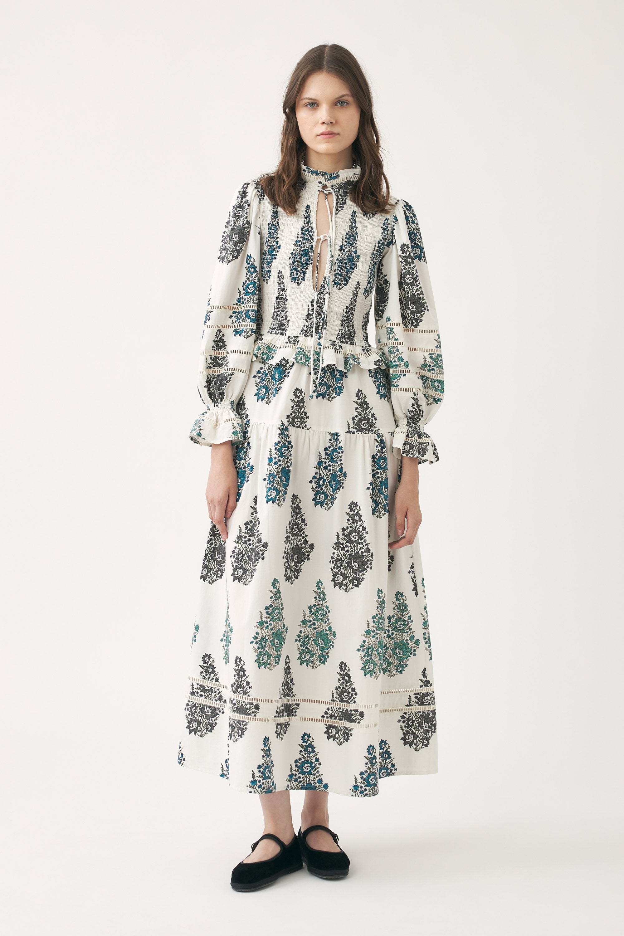 Smocked and hand-printed maxi dress Muguet