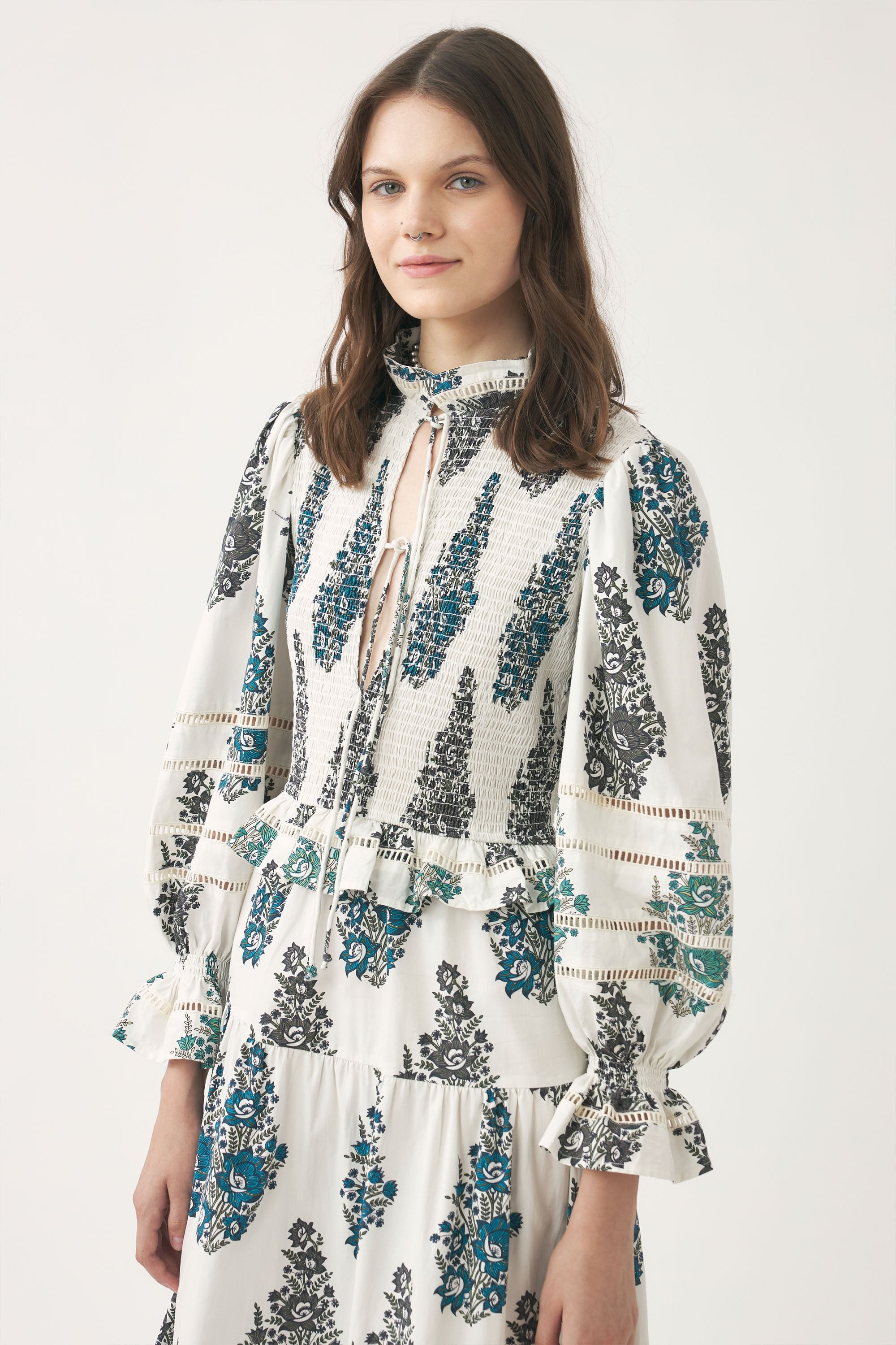 Smocked and hand-printed maxi dress Muguet