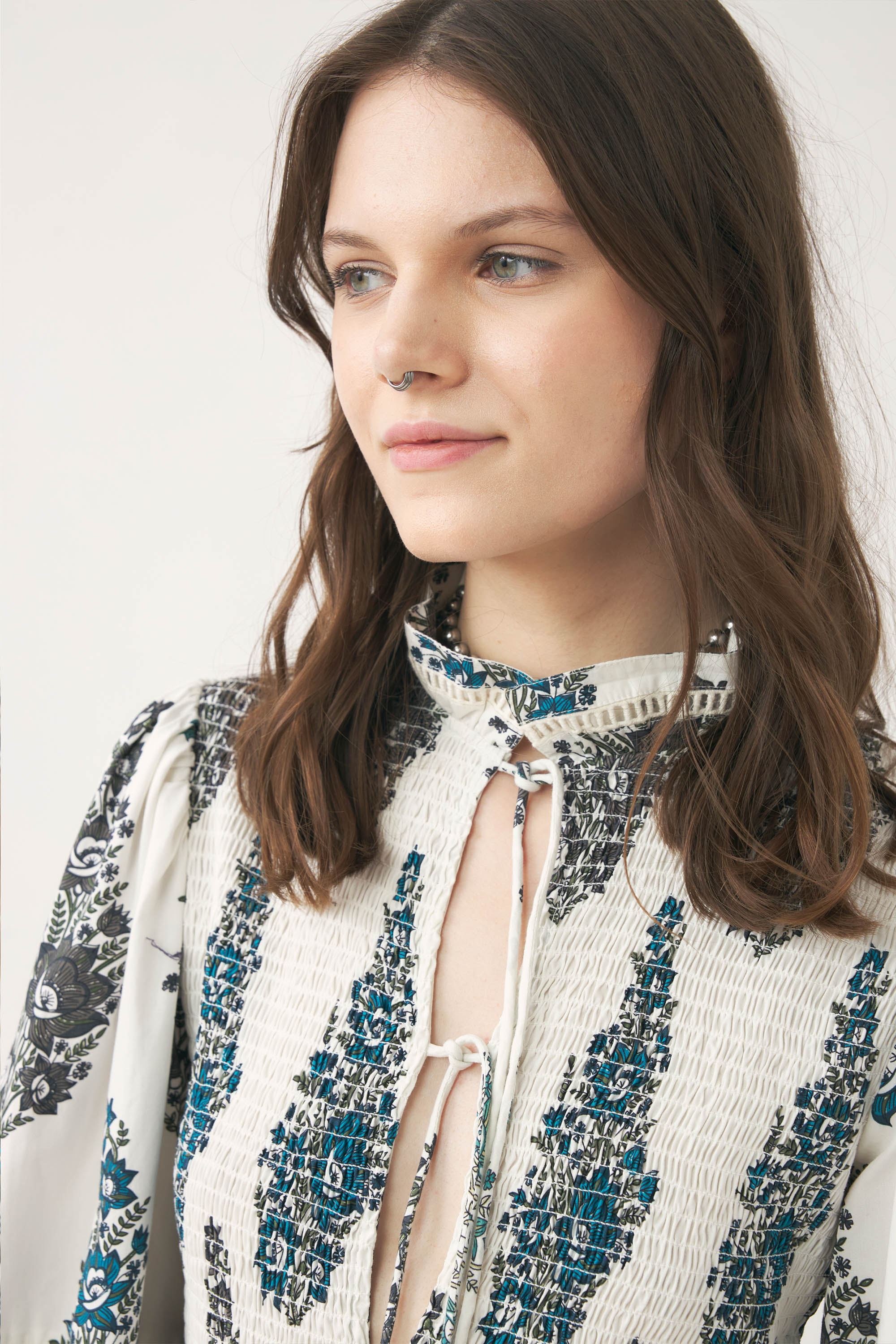 Smocked and hand-printed maxi dress Muguet