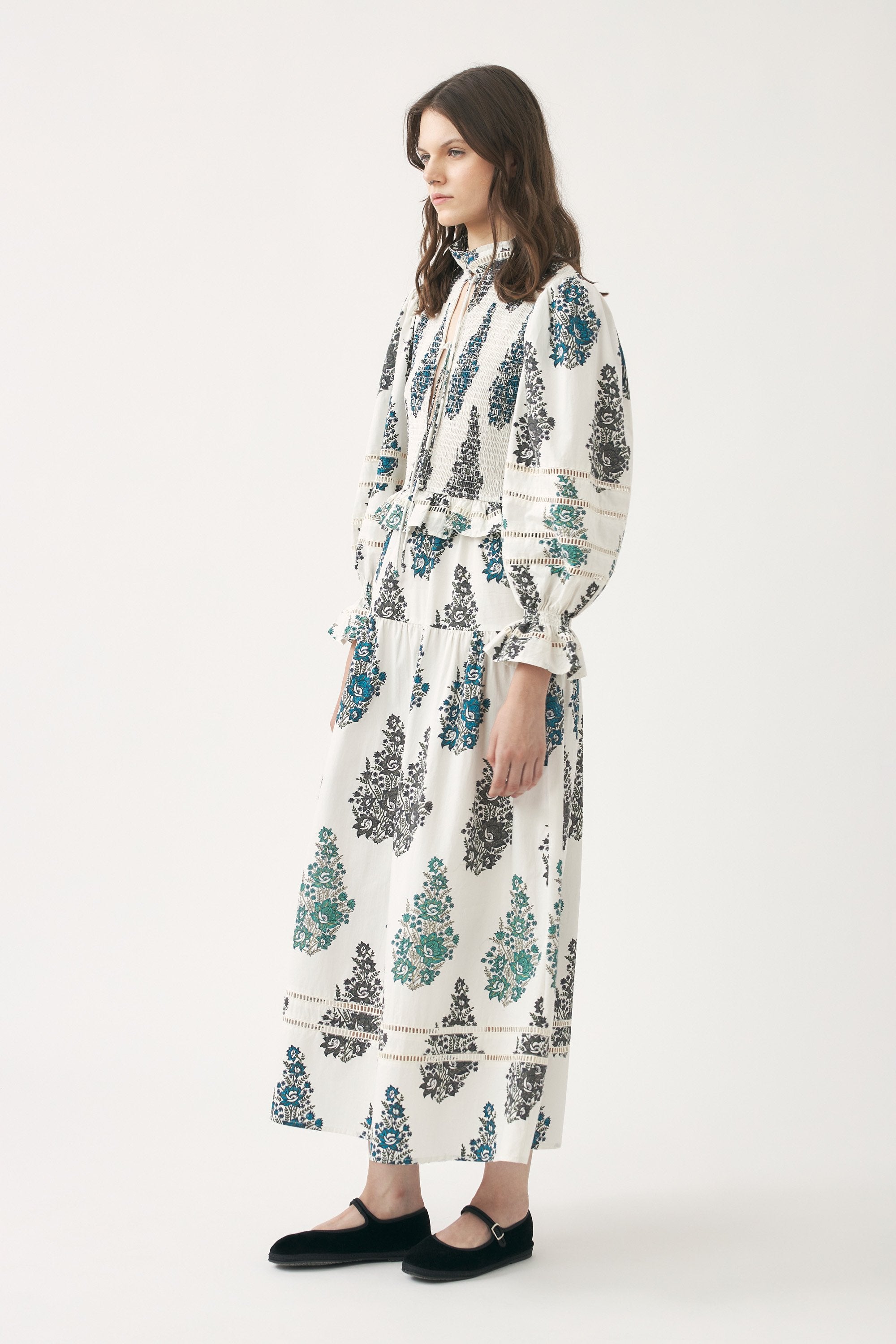 Smocked and hand-printed maxi dress Muguet
