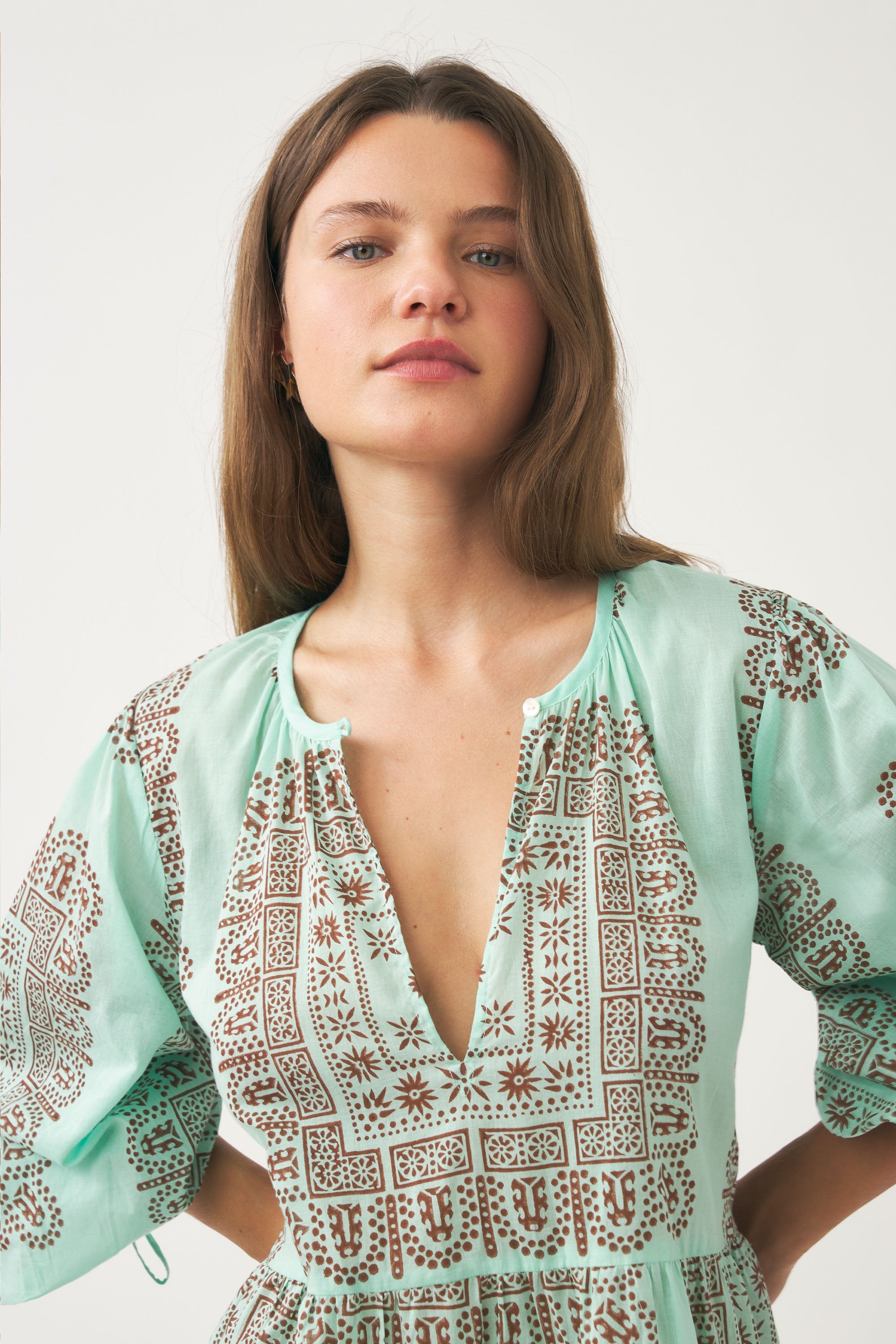 Vestido corto de voile de algodón estampado Nalii