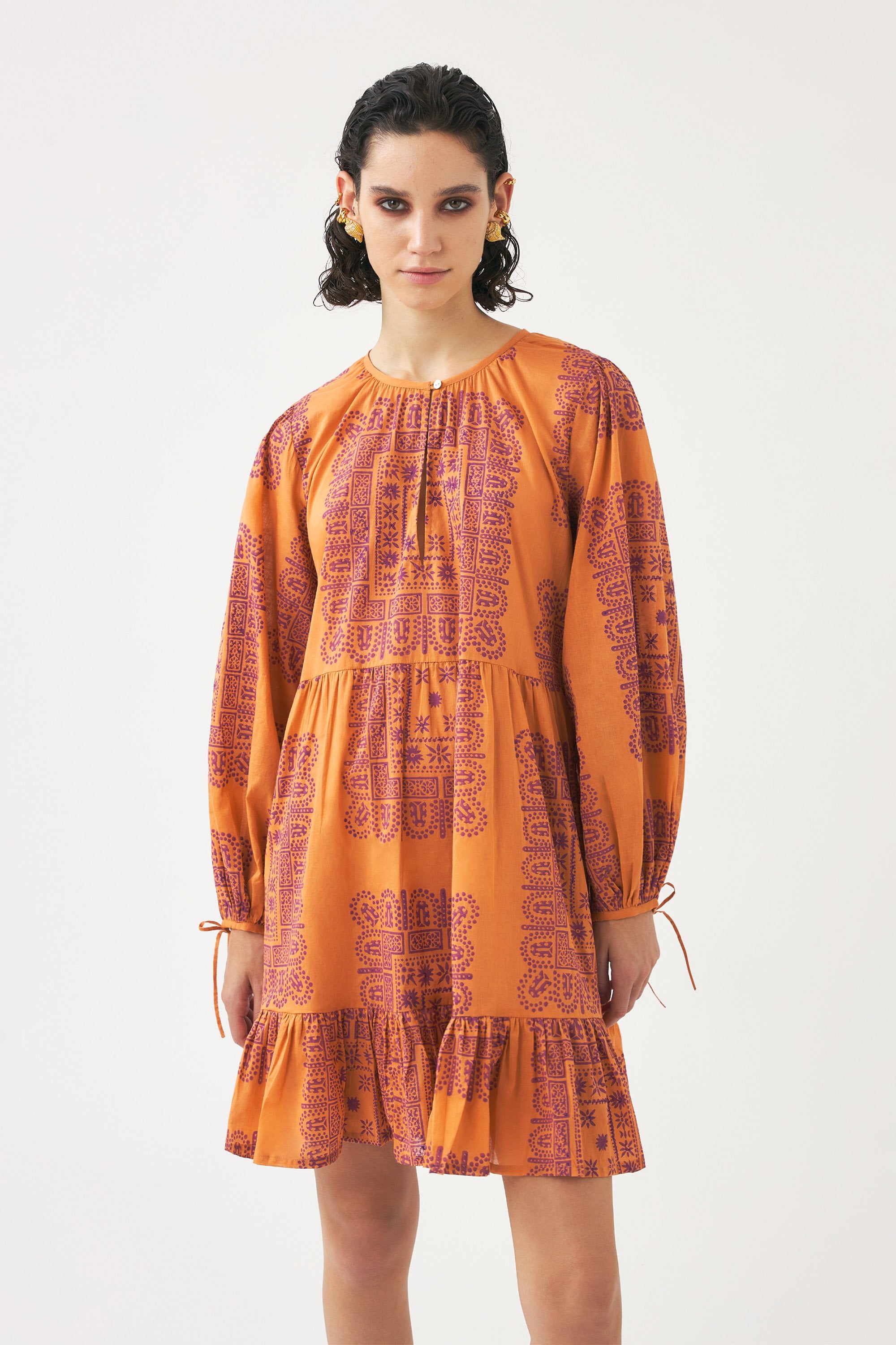 Vestido corto de voile de algodón estampado Nalii