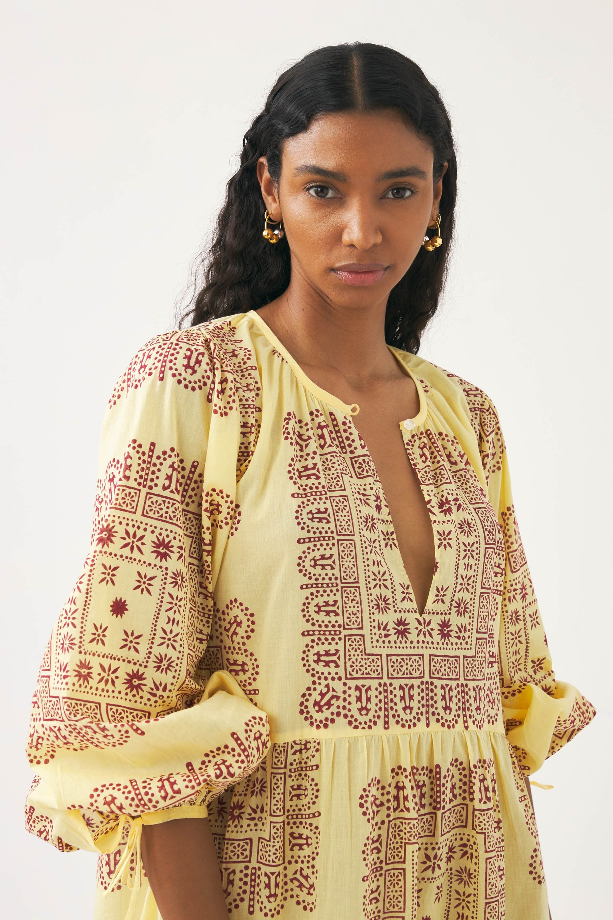 Vestido corto de voile de algodón estampado Nalii