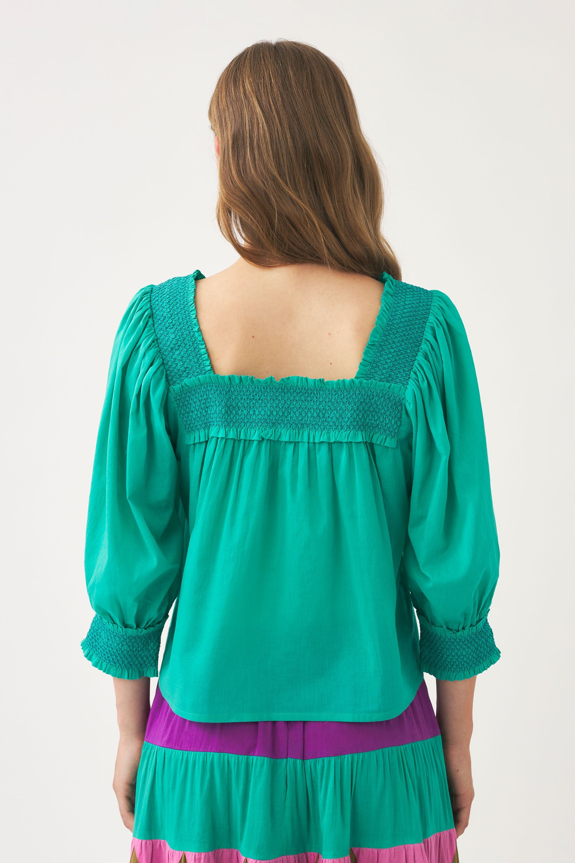 Squared-collar and smocked blouse Perrine