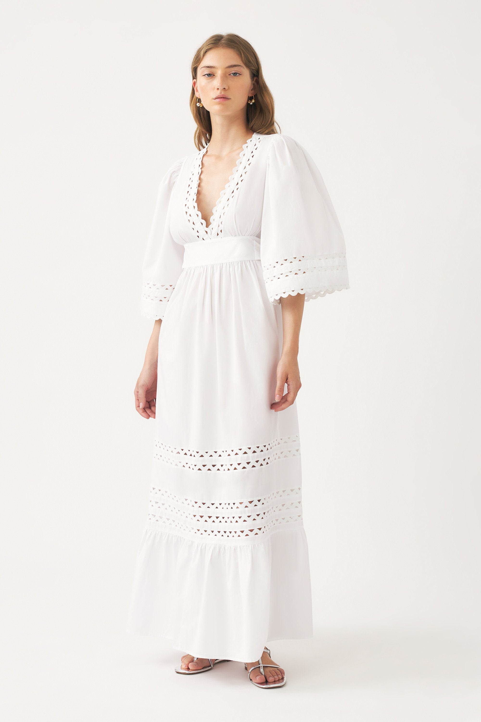 Cotton poplin openwork maxi dress Rodo