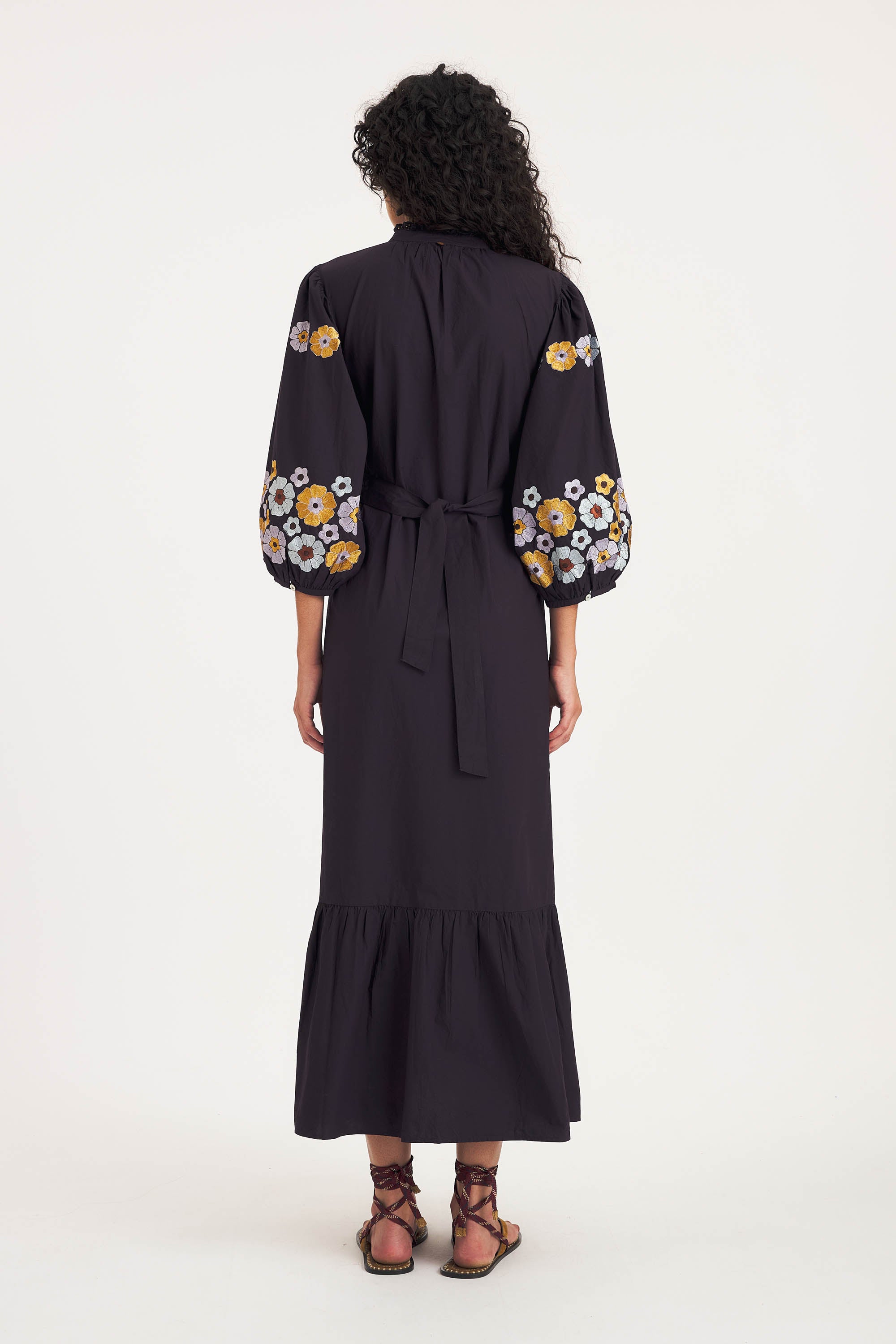 Amantina Maxi Dress – Silky Floral Embroidery, Navy | Antik Batik