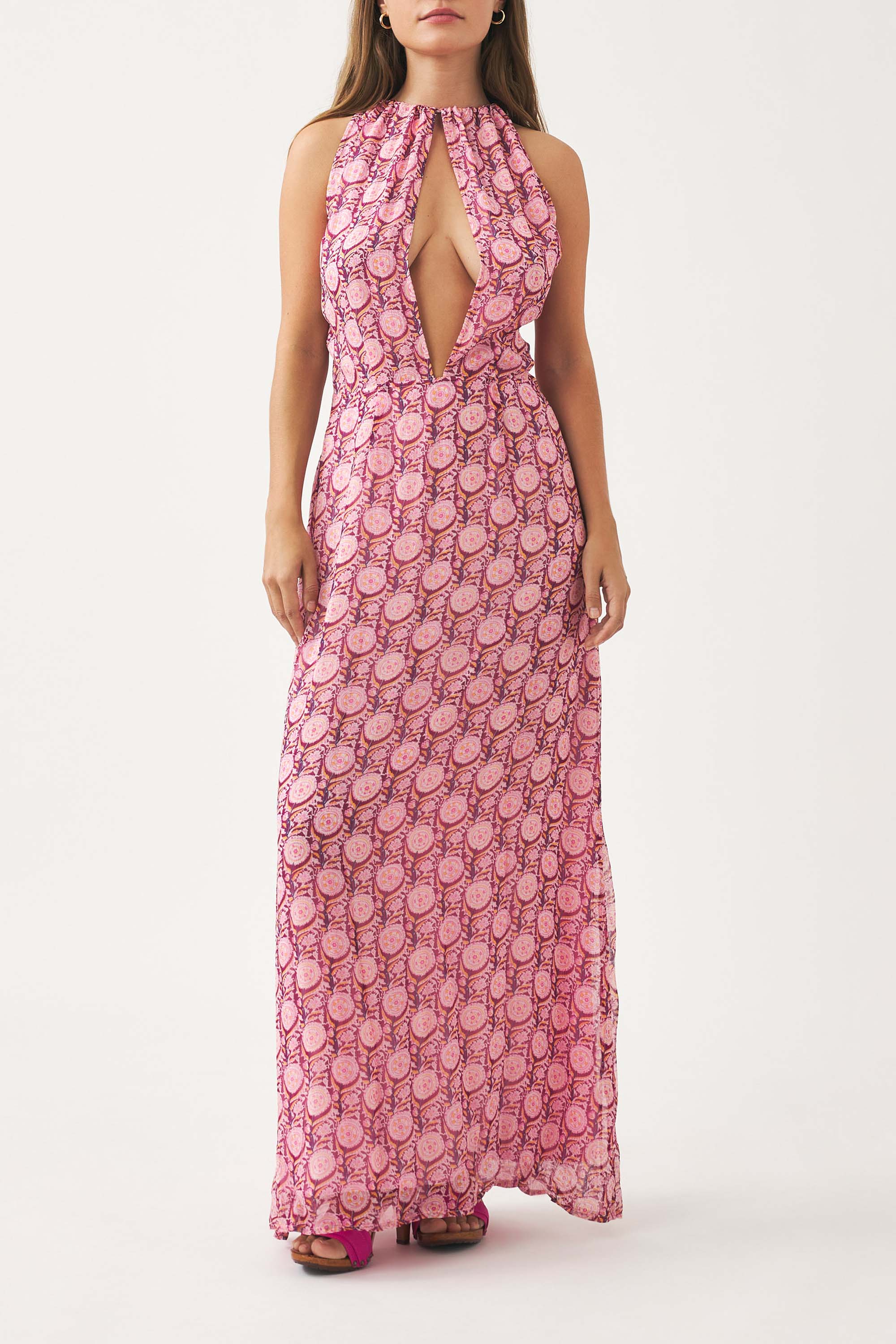 Pink blue chiffon fluid maxi dress in floaty viscose chiffon