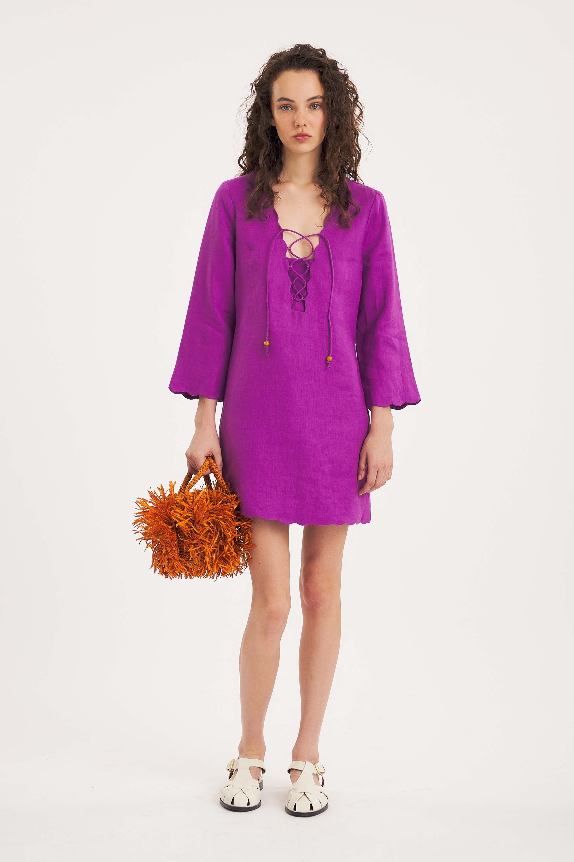 Dahia Short Dress – Linen, Scalloped, Purple | Antik Batik