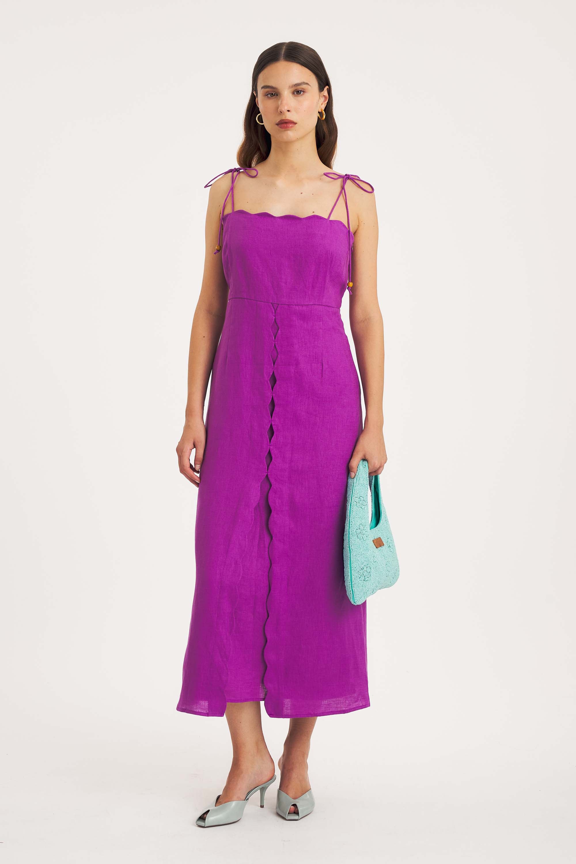 Sun Dahia Maxi Dress – Linen, Scalloped Elegance | Antik Batik