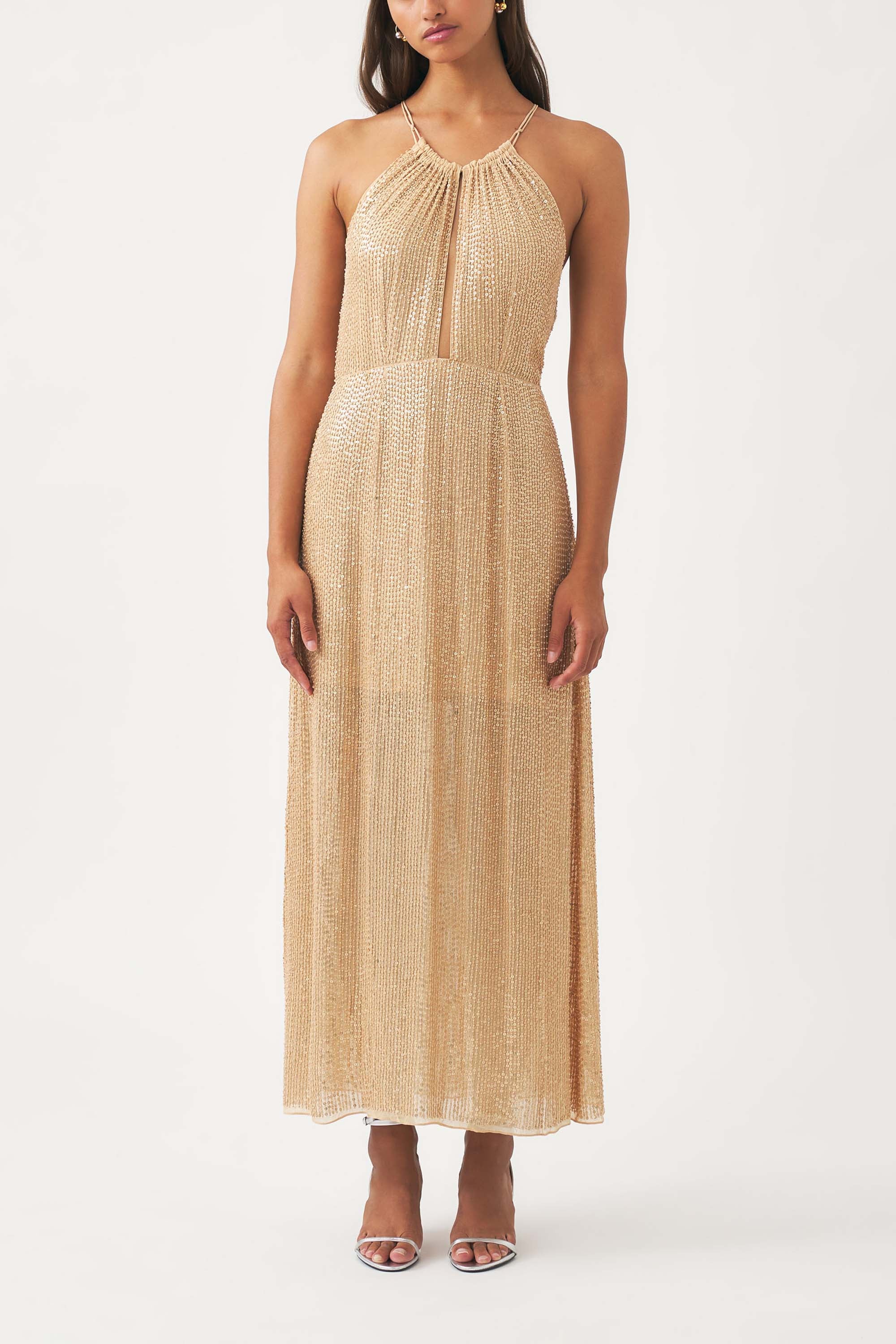 Beige sequin-embroidered maxi dress | Beads and sequins