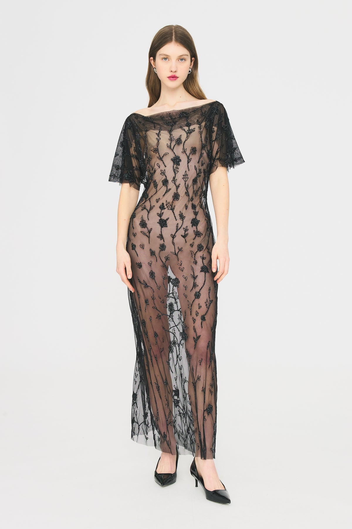 mesh see through print dress Long – Hand-Embroidered Elegance by Antik Batik Spring And Summer Floral SIZE:17x32/33 Royal Banquet Attire Cocktail Party Cheap Black