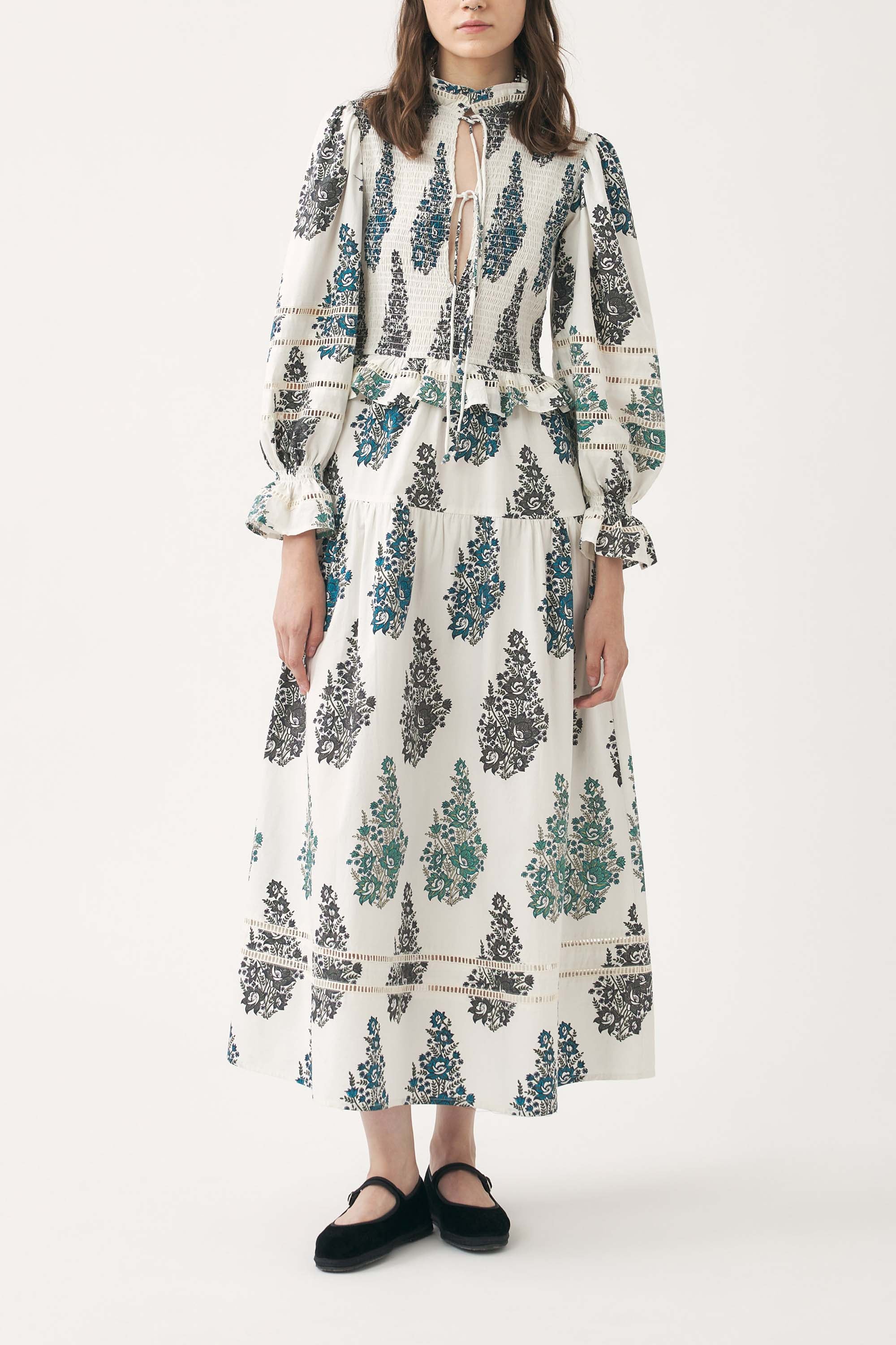 Smocked and hand-printed maxi dress Muguet