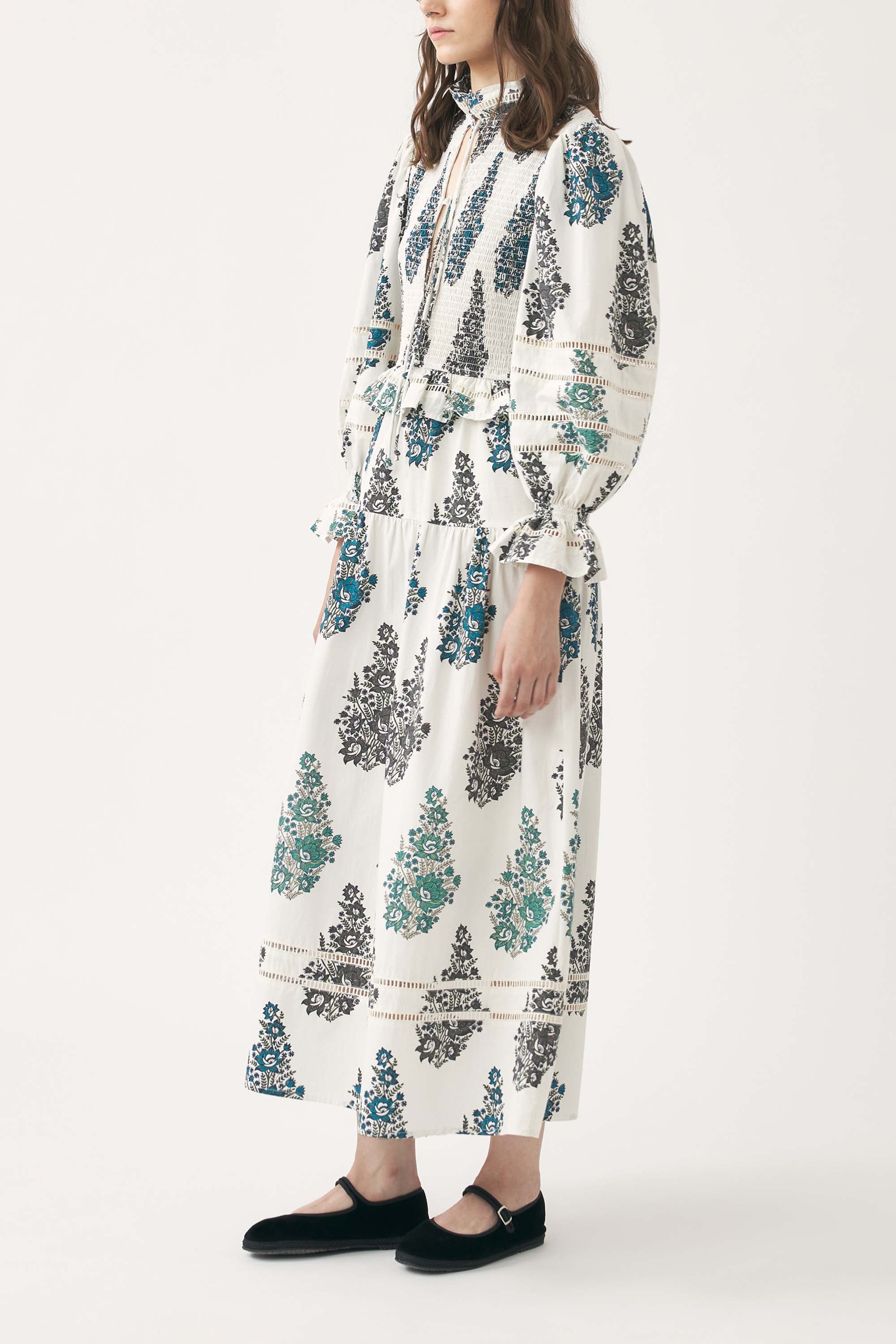 Smocked and hand-printed maxi dress Muguet