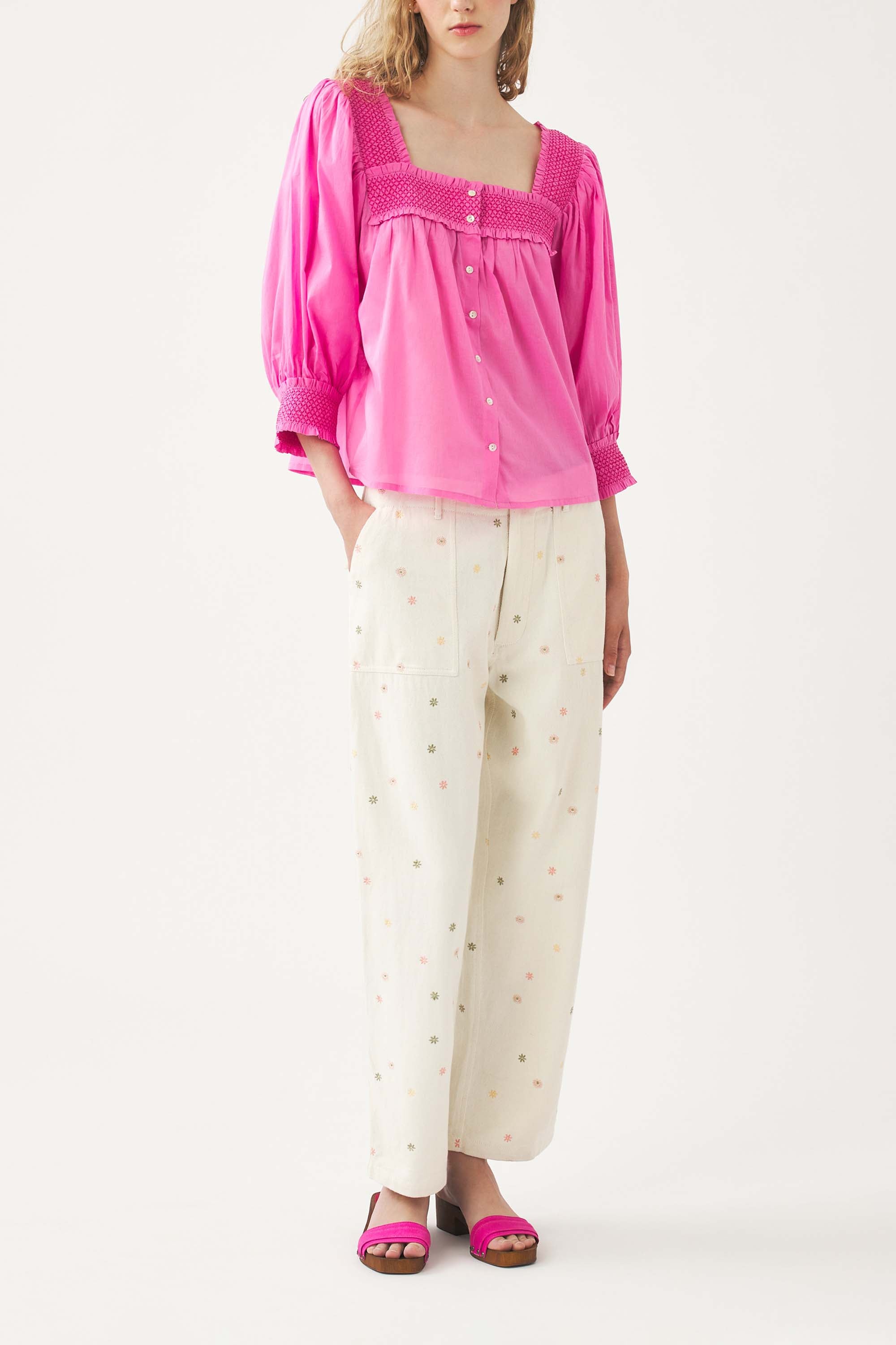 Squared-collar and smocked blouse Perrine