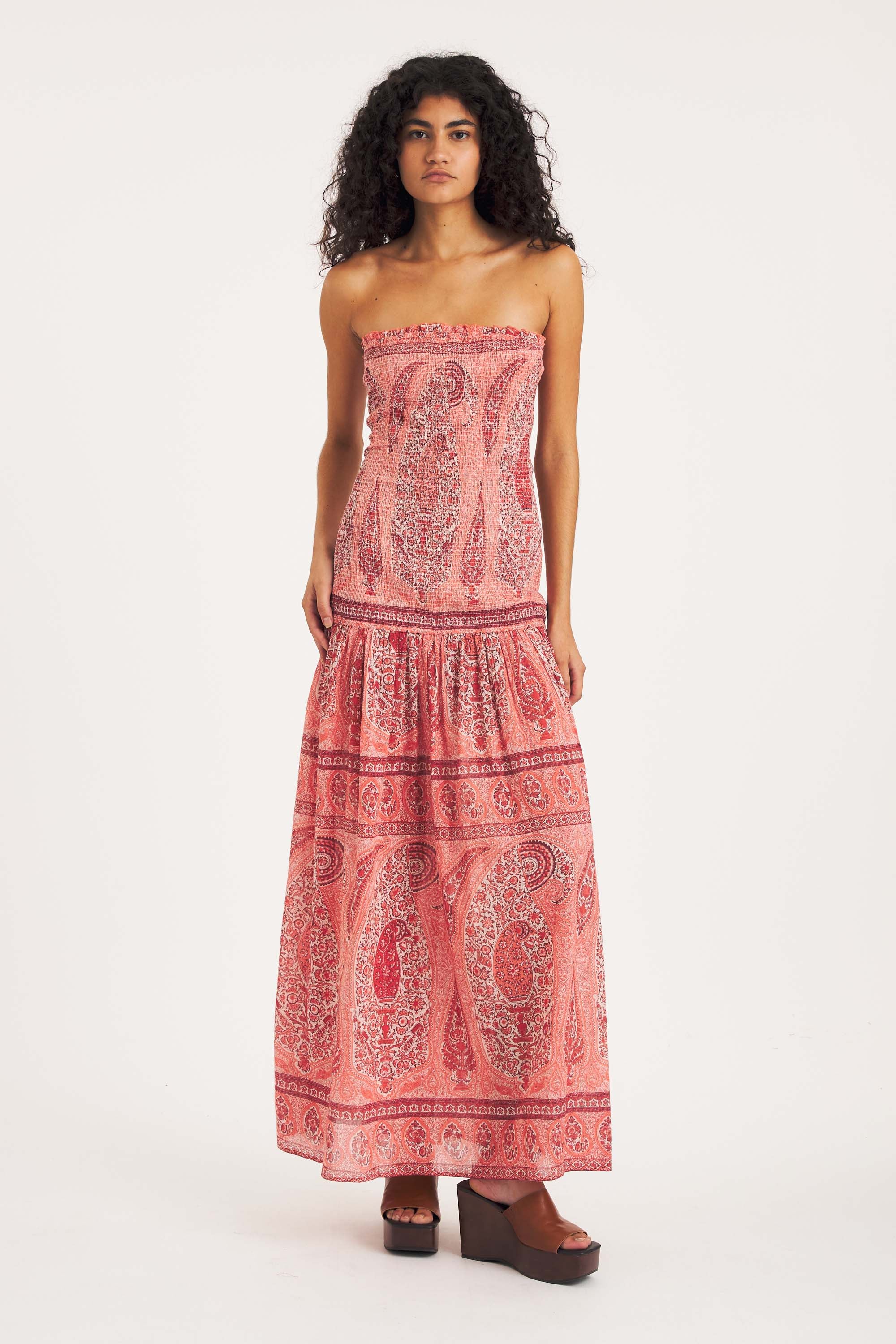 Tajara Maxi Dress – Cotton Voile & Paisley Coral | Antik Batik