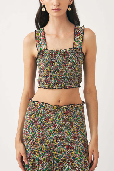 Khaki cotton voile block-printed top with smocking. | ANTIK BATIK