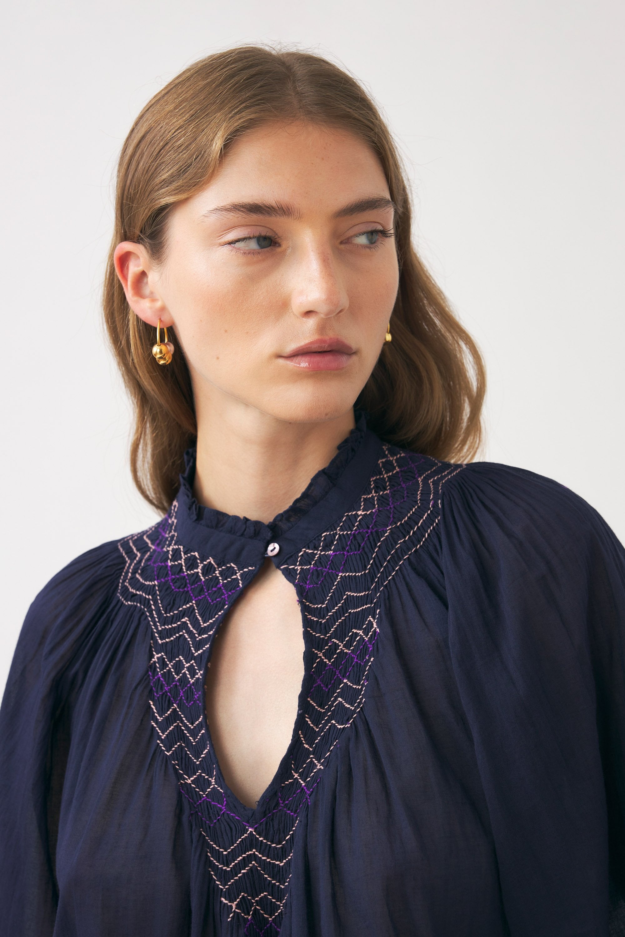 Cotton voile hand-embroidered blouse Ayo