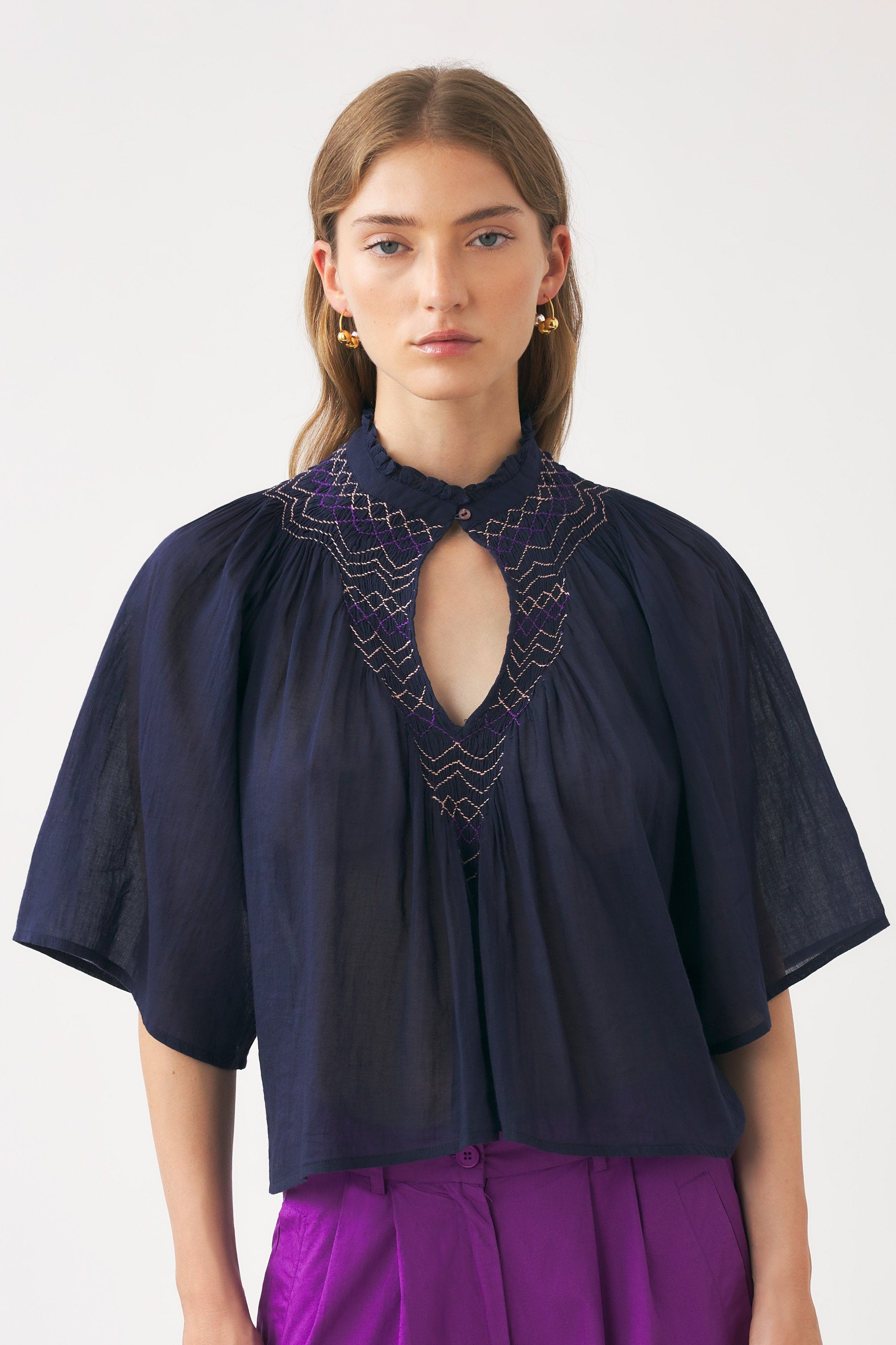 Cotton voile hand-embroidered blouse Ayo