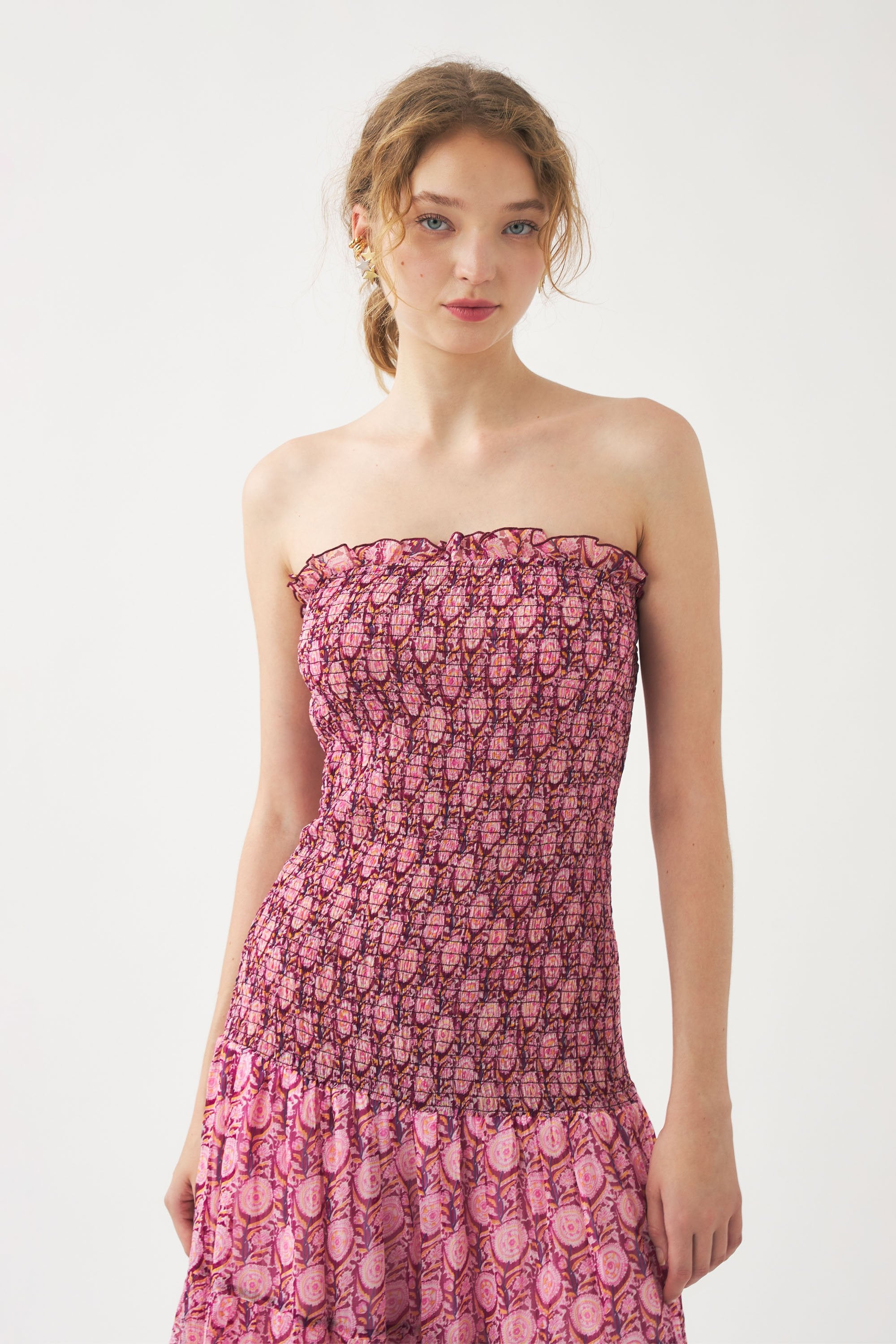 Robe bustier en mousseline à smocks Cassy