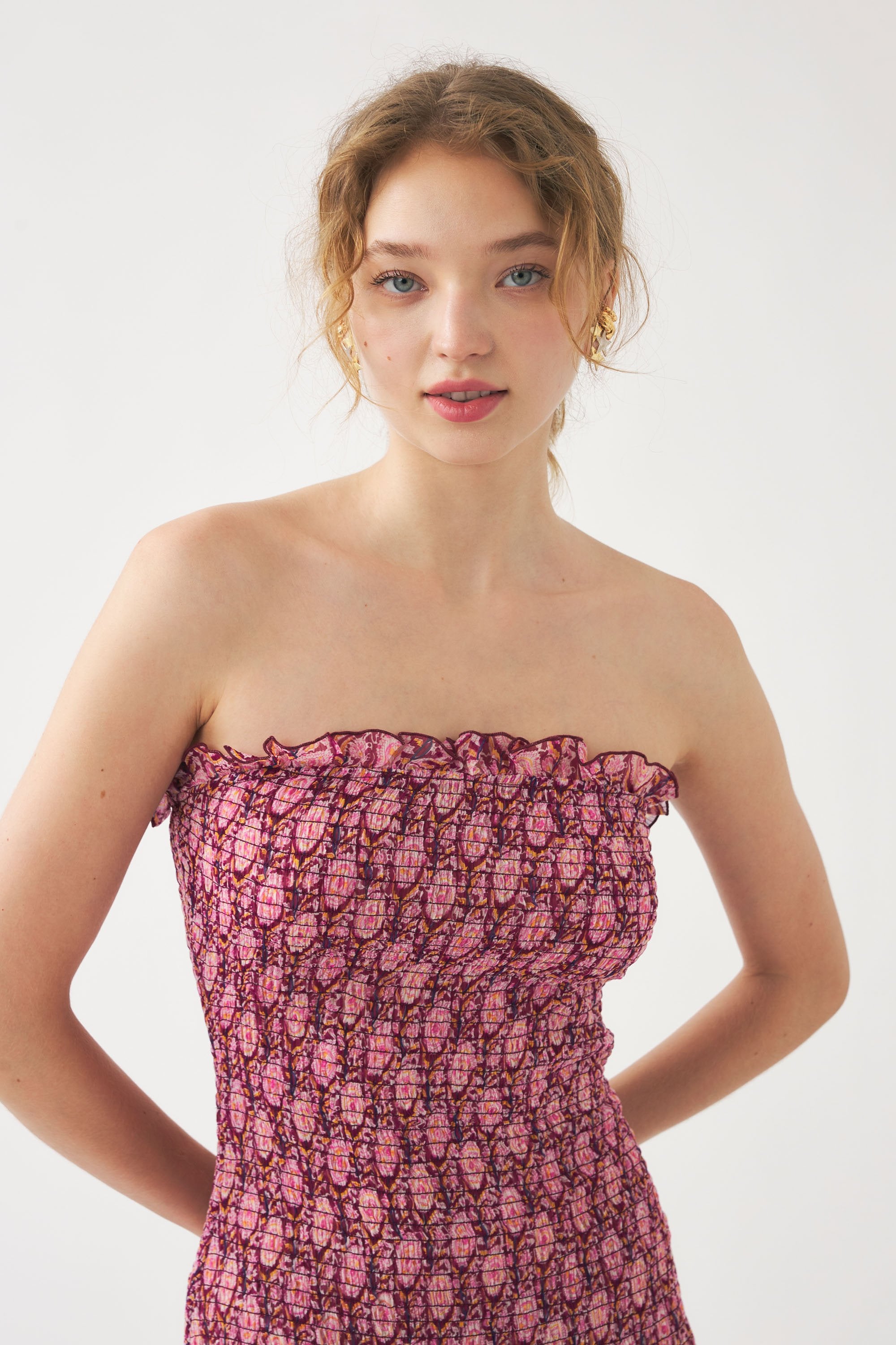 Smocked chiffon strapless dress Cassy
