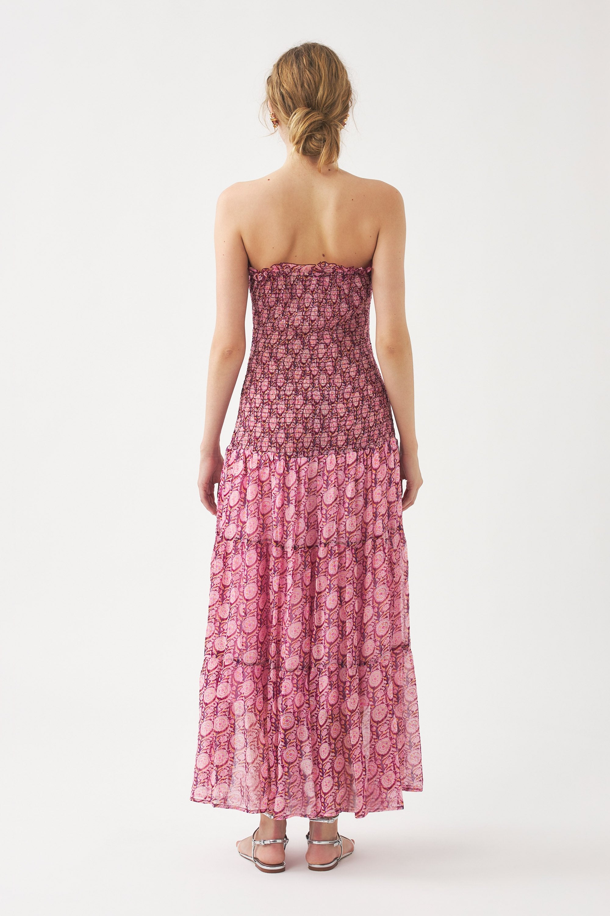 Smocked chiffon strapless dress Cassy