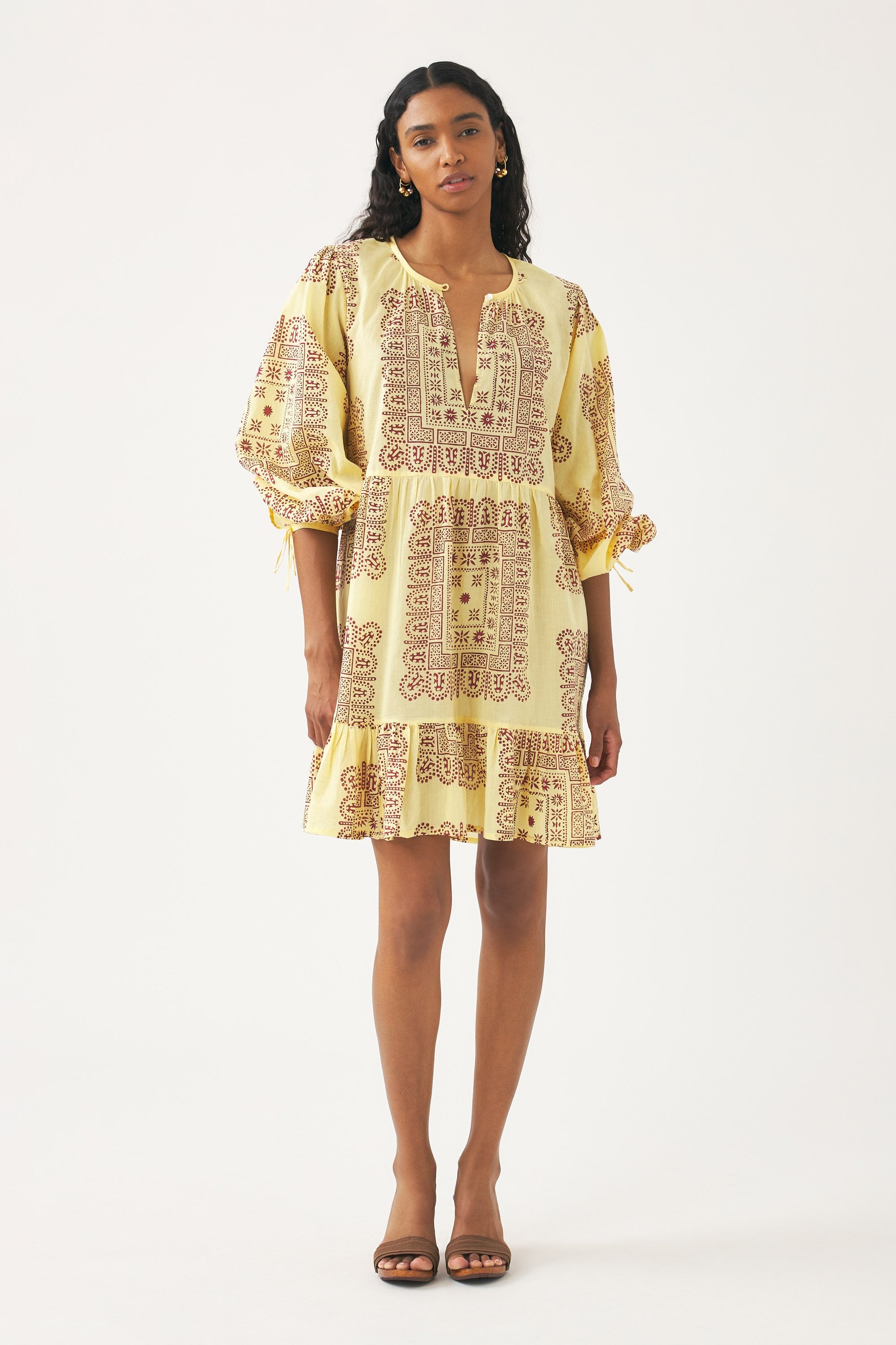 Vestido corto de voile de algodón estampado Nalii