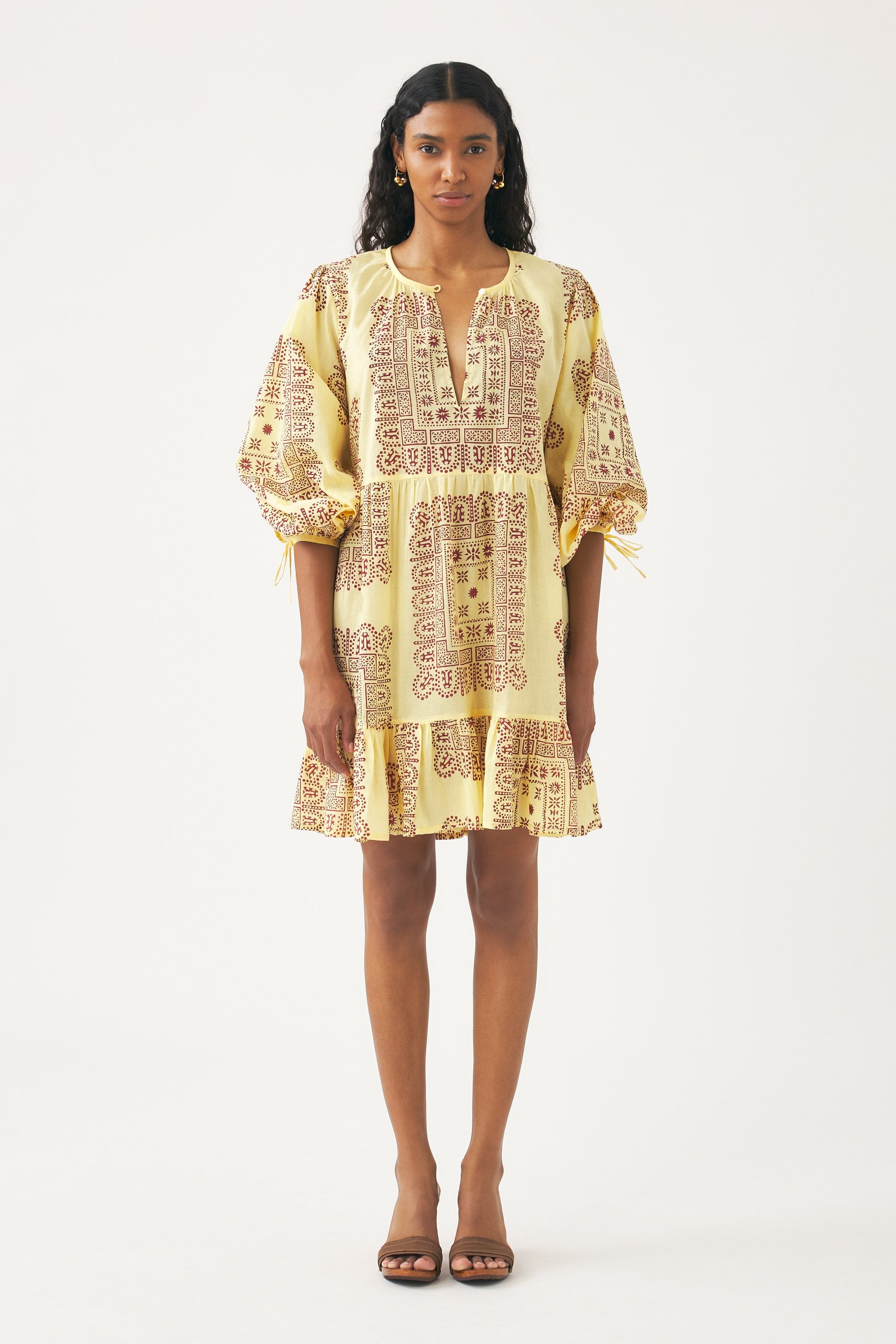 Vestido corto de voile de algodón estampado Nalii