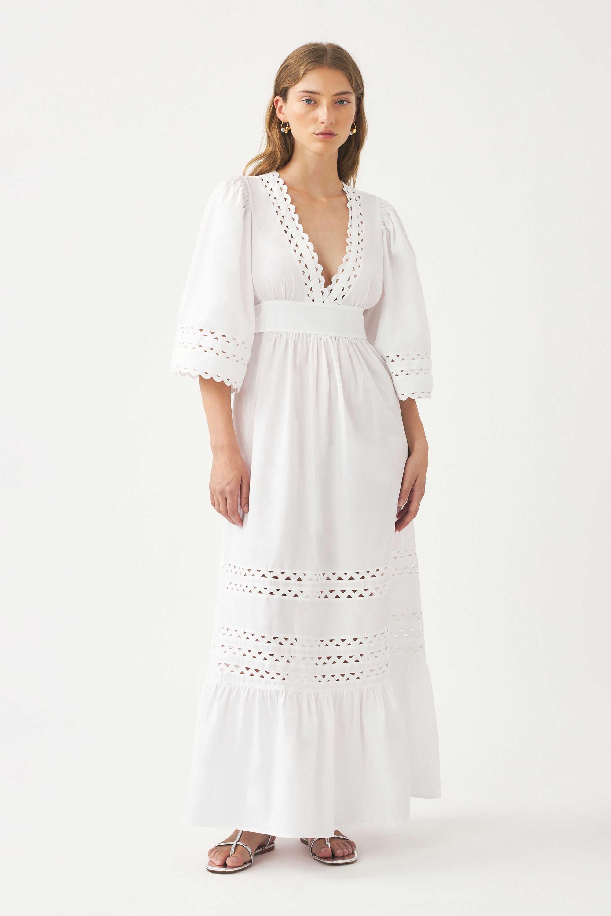 Cotton poplin openwork maxi dress Rodo