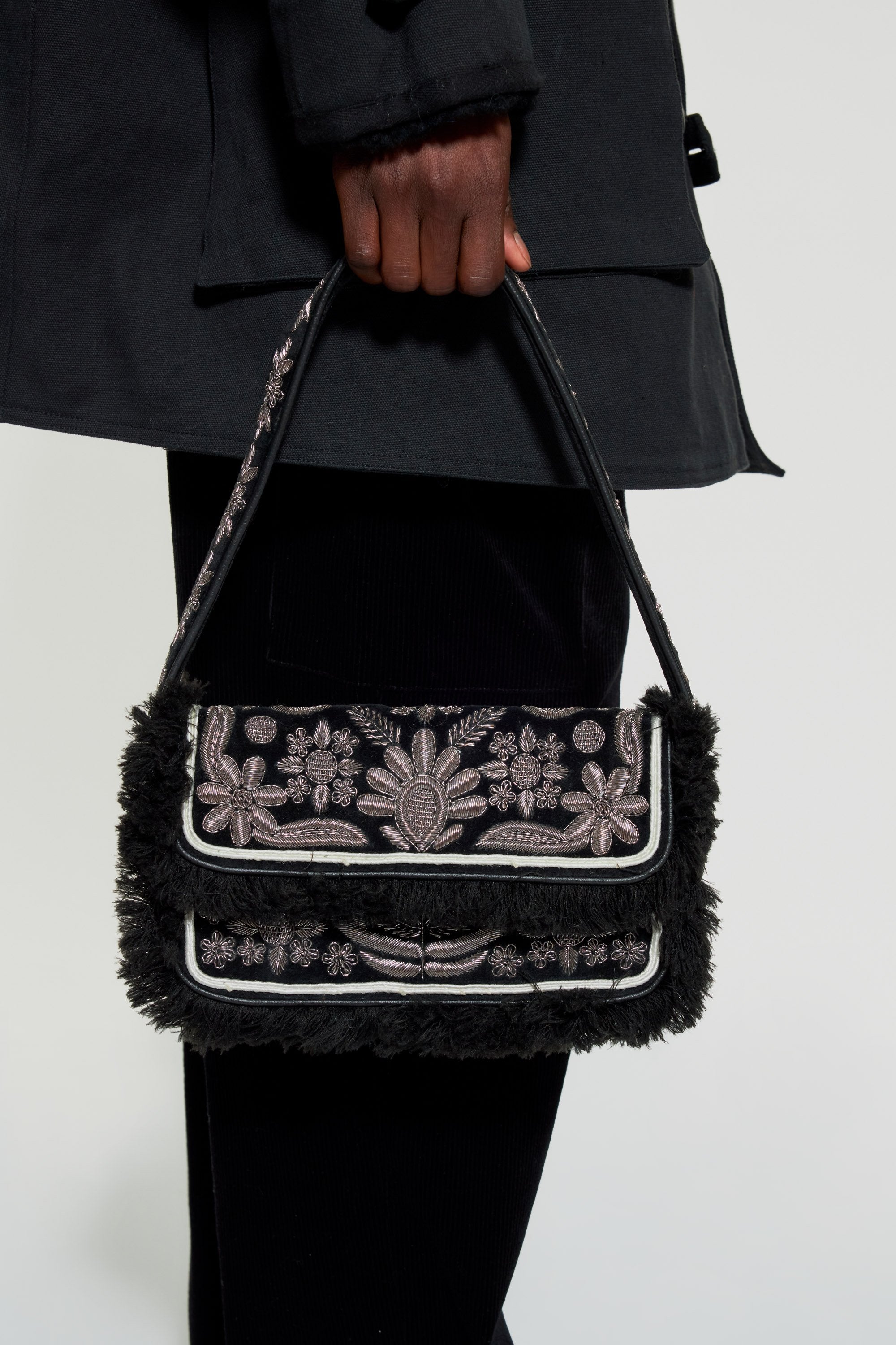 Zari embroidered velvet baguette bag